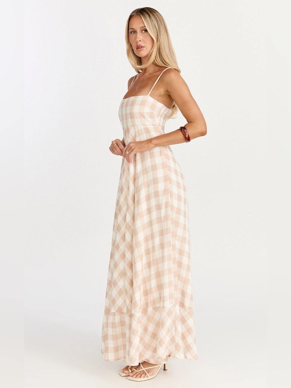 NWT - Showpo Katrien Empire Waist Maxi Dress In Beige / White Checker - Size 10 - Picture 3 of 9
